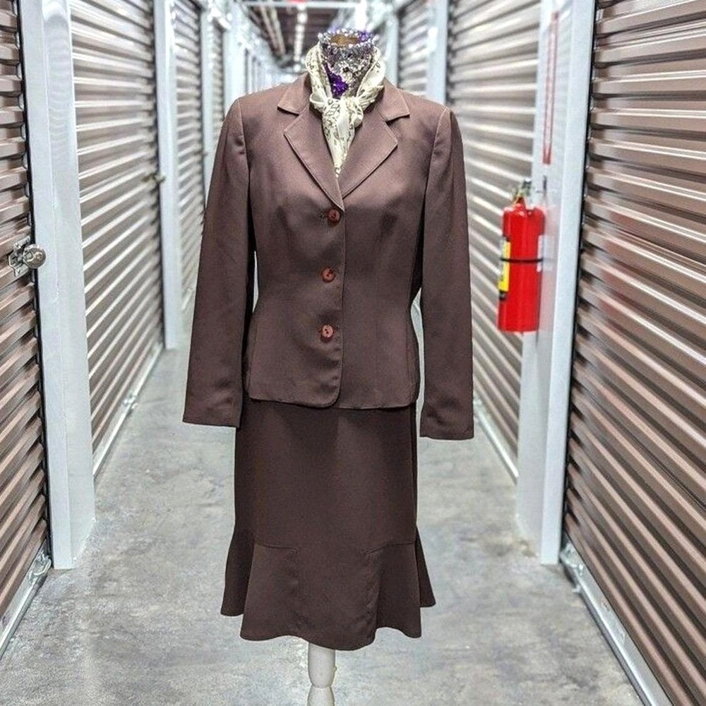 Vintage Dark Academia Brown Skirt Suit Set Office Siren - Le Suit Size 10